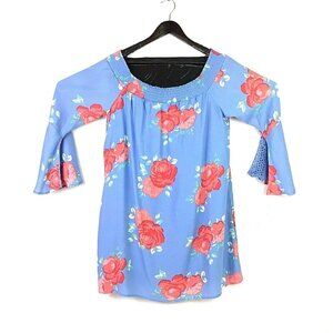 NWT Sequin Hearts XL Blue Floral Rose Blouse Roses Off Shoulder Bell Sleeves